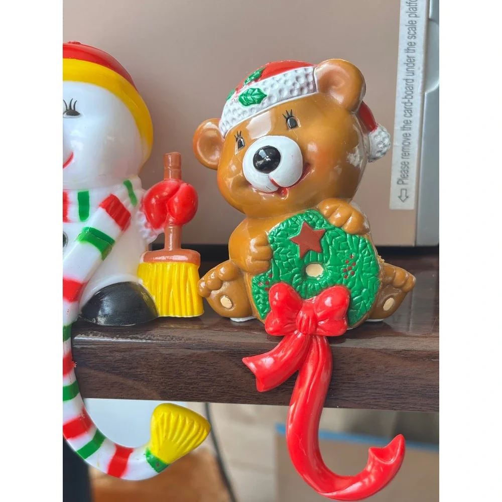 Vintage 1985 Future Christmas Stocking Holders Snowman Bear Mantel Hangers Set 2